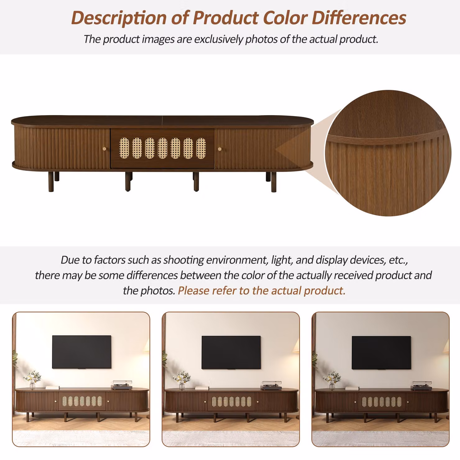 Aosom UK Oval TV Unit with Rattan-Effect Hinged Door and 5 Enclosed Compartments, Walnut Brown, W: 180 cm, D: 40 cm, H: 40 cm – 3