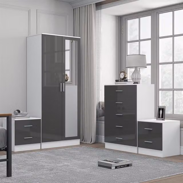 Reflect Modern Bedroom Furniture Set in Grey Gloss and Matt White Finish including 2 Door Mirror Wardrobe, Tallboy Chest and 2 Bedside Tables