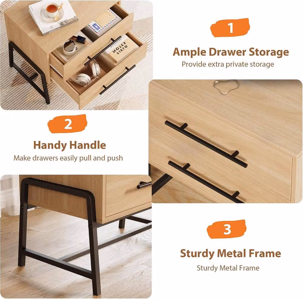 London Boutique Modern Bedside Table with 2 Drawers in Natural Brown – 3
