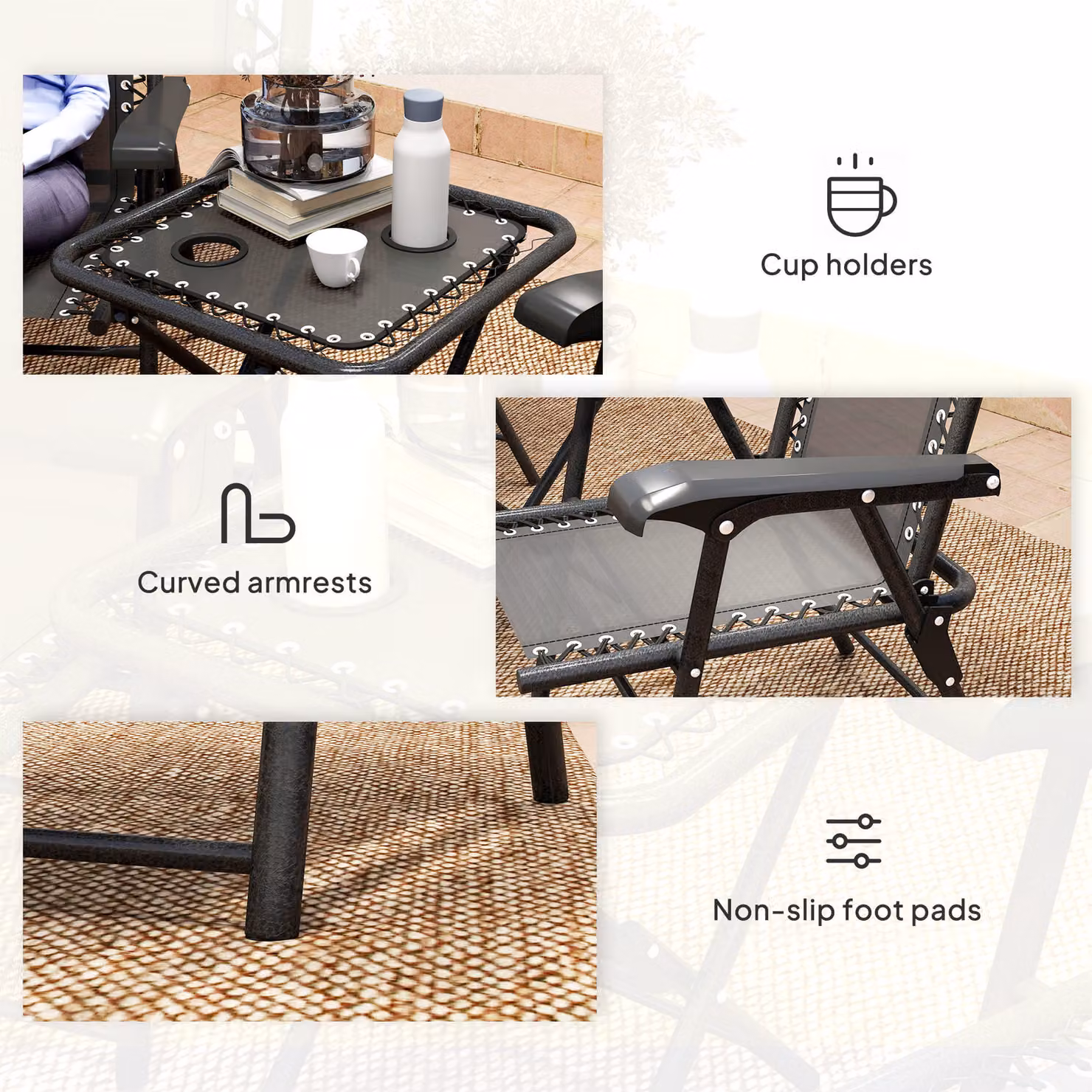 Outsunny Three-Piece Modern Garden Table and Chair Set in Black Matt Powder Coated Steel – 7