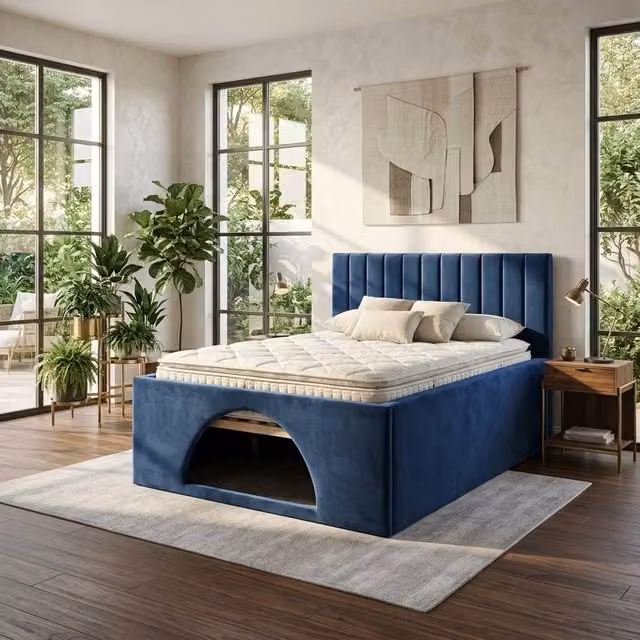 Soft Snooze Beds Modern Upholstered Velvet Bed Frame with Built-in Dog Bed and Lift-up Storage in Blue, Super King, W/D/H: 200 x 200 cm