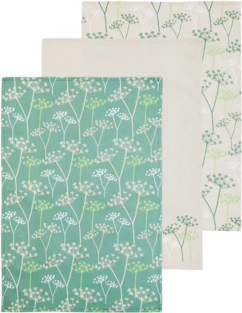 Orsina Set of 3 Floral Cotton Tea Towels in Green and White