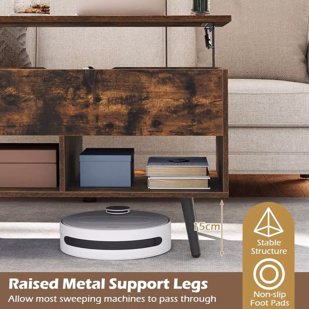 FORGEVIO Lift Top Coffee Table with Open Storage Shelves in Brown – 5