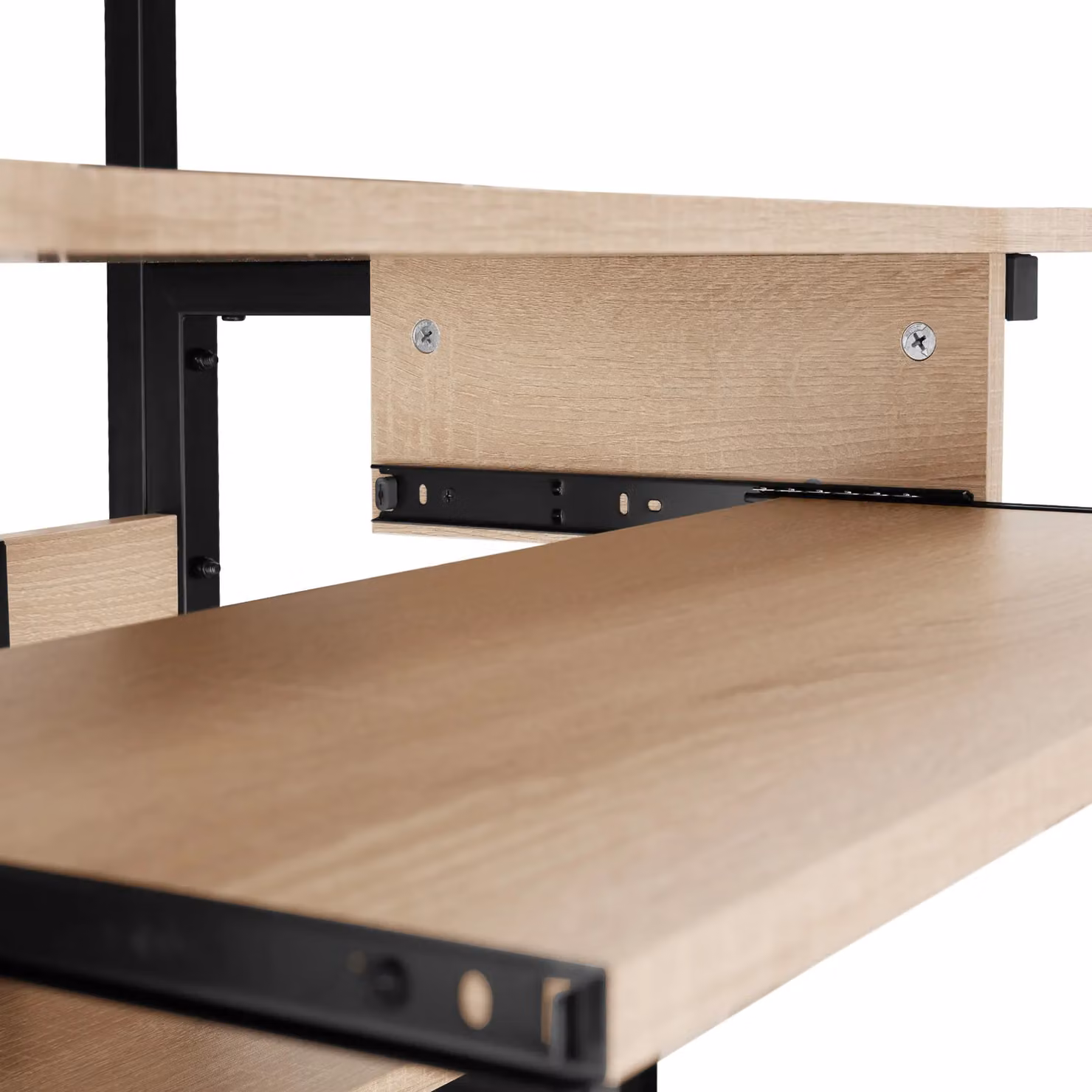 tectake Fife Computer Desk with 3 Levels, Attachable Shelf, Keyboard Tray and 4 Castors in Light Oak – 8