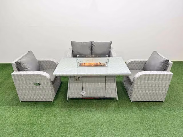 Fimous 4 Seater Grey PE Wicker Rattan Garden Furniture Set with Reclining Chairs, Firepit and Dining Table