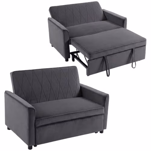 HOMCOM 2 Seater Velvet Sofa Bed in Dark Grey, 3-in-1 Click-Clack Sleeper Loveseat with Solid Wood Frame – 1
