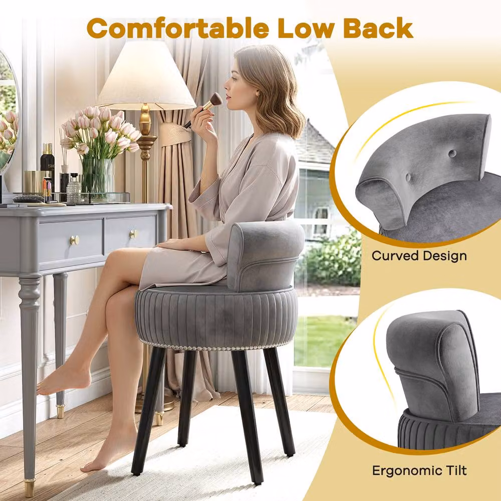 Costway Velvet Tufted Back Upholstered Vanity Makeup Stool in Grey – 8