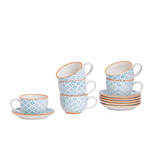 Nicola Spring Blue Floral Hand-Printed Stoneware Cappuccino Cup and Saucer Set, 12 Piece, 250ml