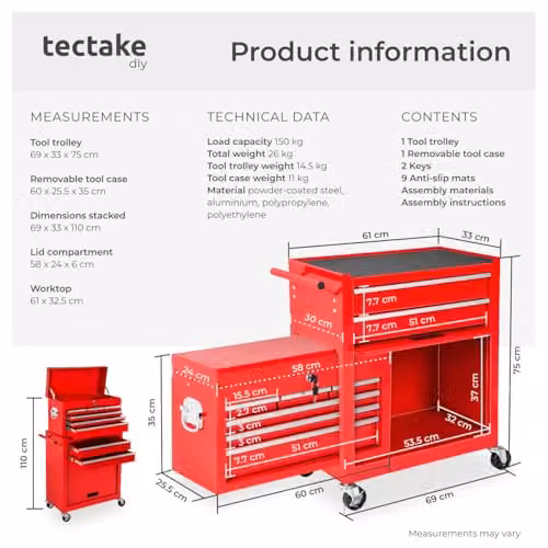 tectake Lockable and Rollable Steel Tool Chest in Red – 3