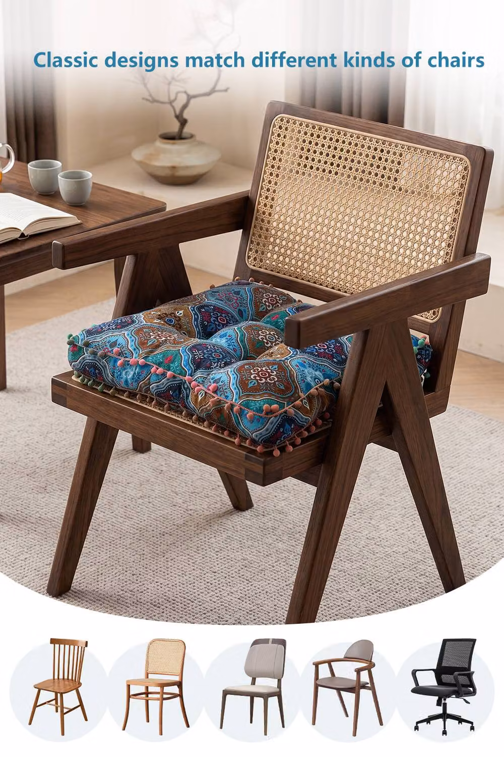 Living and Home Blue Linen Bohemian Floral Square Seat Cushion with Pom-Pom Trim – 4