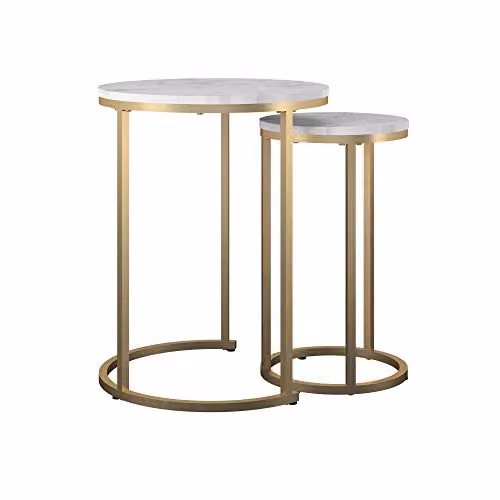 Dorel Home Furnishings Modern Nesting Tables with White Marble Look Tops and Gold Metal Frame, W/D/H: 45 x 45 x 57 cm – 1