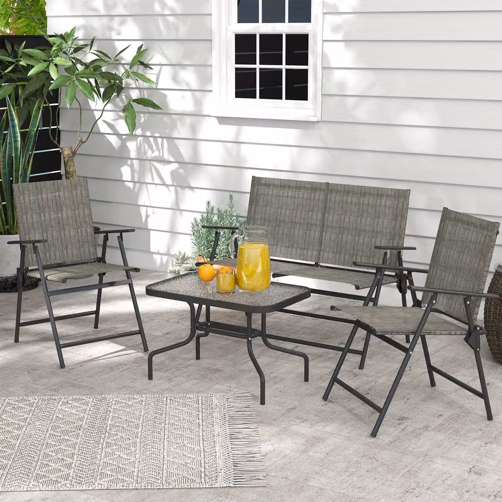 ERGOVEXA Four-Piece Metal Garden Sofa Set in Grey with Upholstered Cushions and Coffee Table – 3