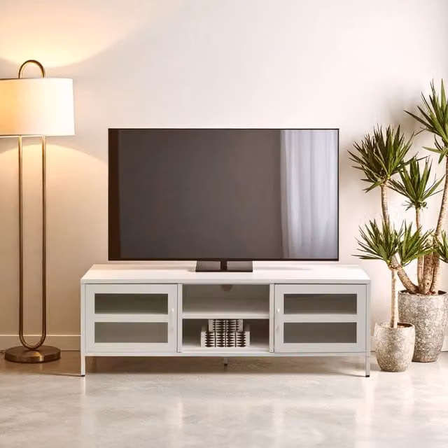 Orsina Industrial Two Door White Metal and Glass Media Unit