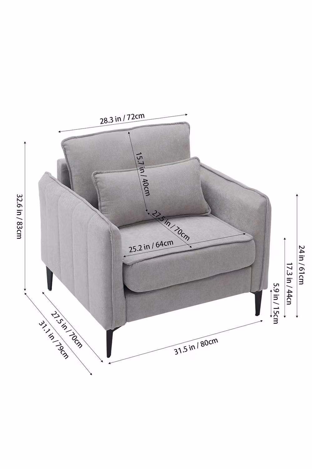 Living and Home Modern Upholstered Accent Armchair with Armrests and Lumbar Pillow in Grey and Black – 3