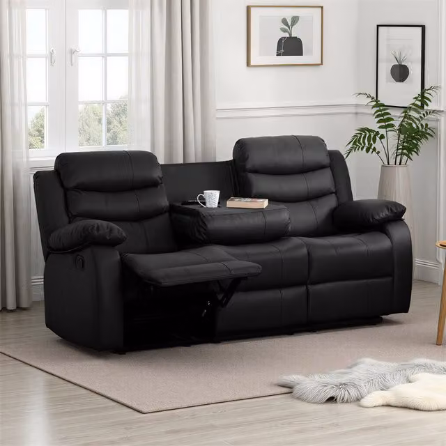 Seconique Roma 3 Seater Manual Recliner Sofa in Black Synthetic Leather with Cup Holders