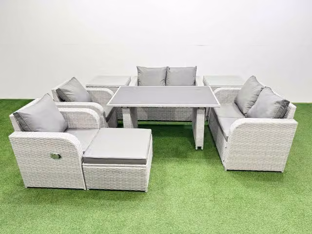Fimous 8 Piece Patio Garden Furniture Set with Cushions, 2 Side Tables and Stool in Light Grey