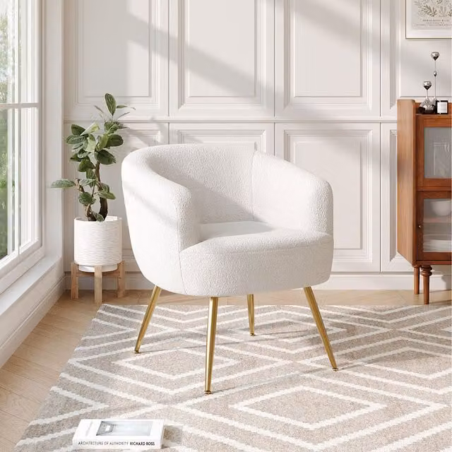 Komore Modern White Bouclé Fabric Tub Armchair with Gold Metal Legs