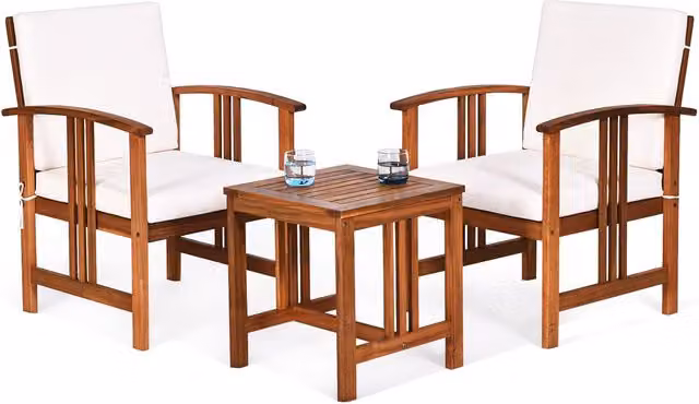 Gymax 3-Piece Outdoor Acacia Wood Sofa Set with White Upholstered Cushions