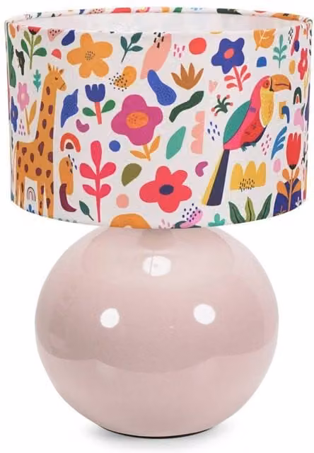 ValueLights Bosco Stone Table Lamp with Yellow and Multicolour Jungle Shade