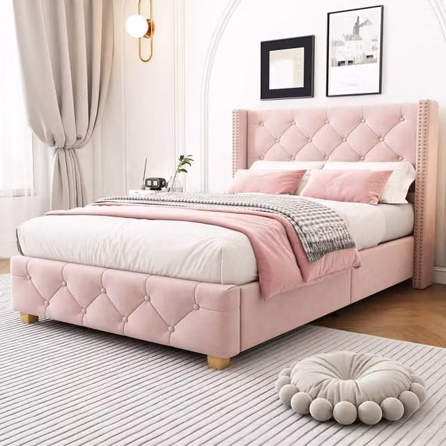 Matteo Pink Velvet Upholstered Single Bed Frame W/D/H: 190 x 90 x 108 cm – 1