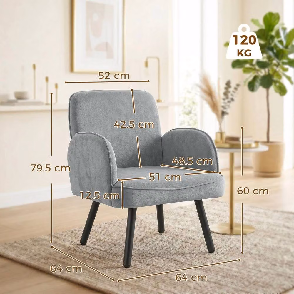 KORVIXA Grey Velvet Upholstered Lounge Chair with Armrests and Solid Wood Frame, W/D/H: 100 x 100 x 100 cm – 2