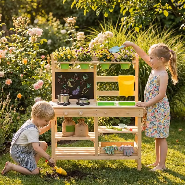 AIYAPLAY Wooden Kids Mud Kitchen with Kitchenware and Garden Tools in Brown and Yellow