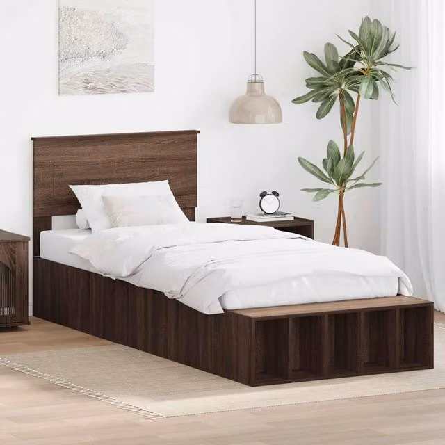 Berkfield Home Modern Bed Frame with Bedside Shelf in Brown Oak, Engineered Wood, W: 75 cm x L: 190 cm