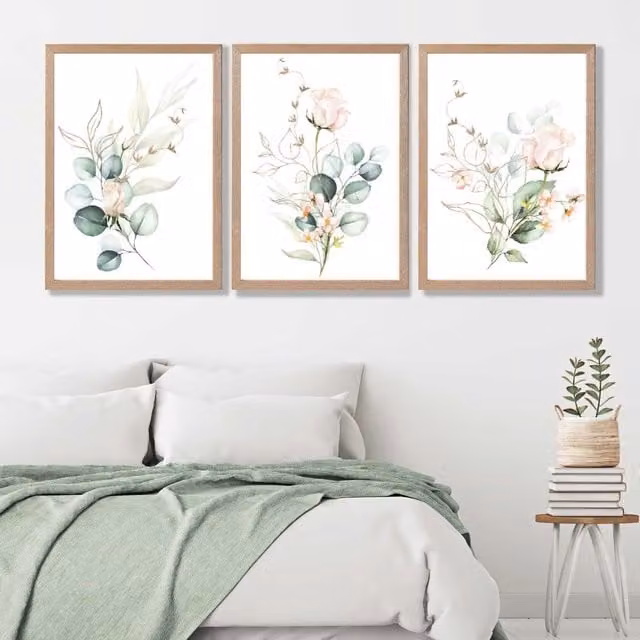 ARTZE Set of 3 Pink Floral Rose Botanical Wall Art Prints with Oak Wood Frame, A2 Size
