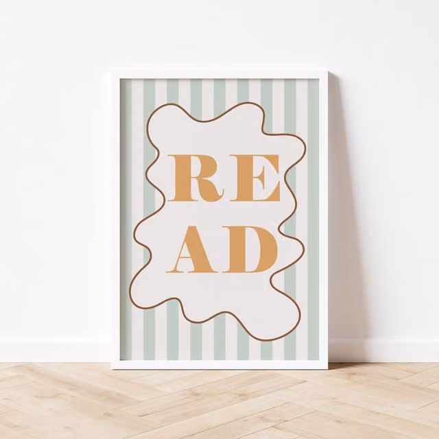 Autumns Corner Read Print Stripy Edition Typography Poster in Sage and Mustard, A3
