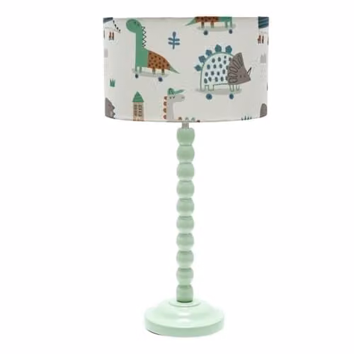 ValueLights Sage Green Bobbin Stem Table Lamp with Cartoon Dino Drum Shade and Bulb Included – 1