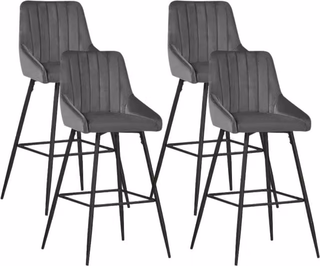 Set of 4 Novecrafto Modern Velvet Bar Stools with Metal Footrest Base in Grey and Black