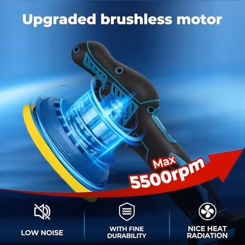 Traderight Cordless Dual Action Car Polisher with 2 x 21V 2.0Ah Rechargeable Batteries, 6-Speed 3700–5500RPM, 6in Buffer Machine for Waxing and Scratch Repair, Multicolour – 2