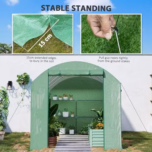 Outsunny Green Polytunnel Greenhouse with Roller Windows and Galvanised Steel Frame, W/D/H: 6 x 2 x 2 m – 6