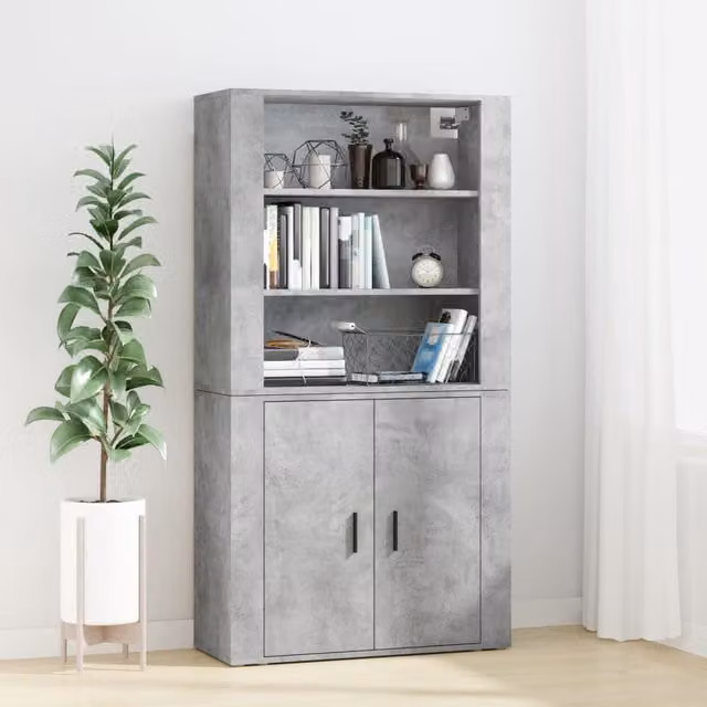 Berkfield Home Modern Wall Mounted Highboard in Concrete Grey with Hinged Doors and Internal Shelves