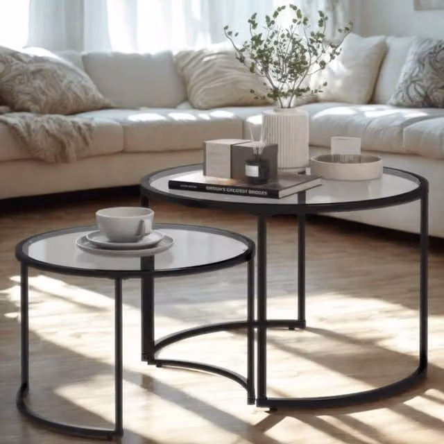 FURNOS Set of 2 Round Black Nesting Tables with Tempered Glass Tops