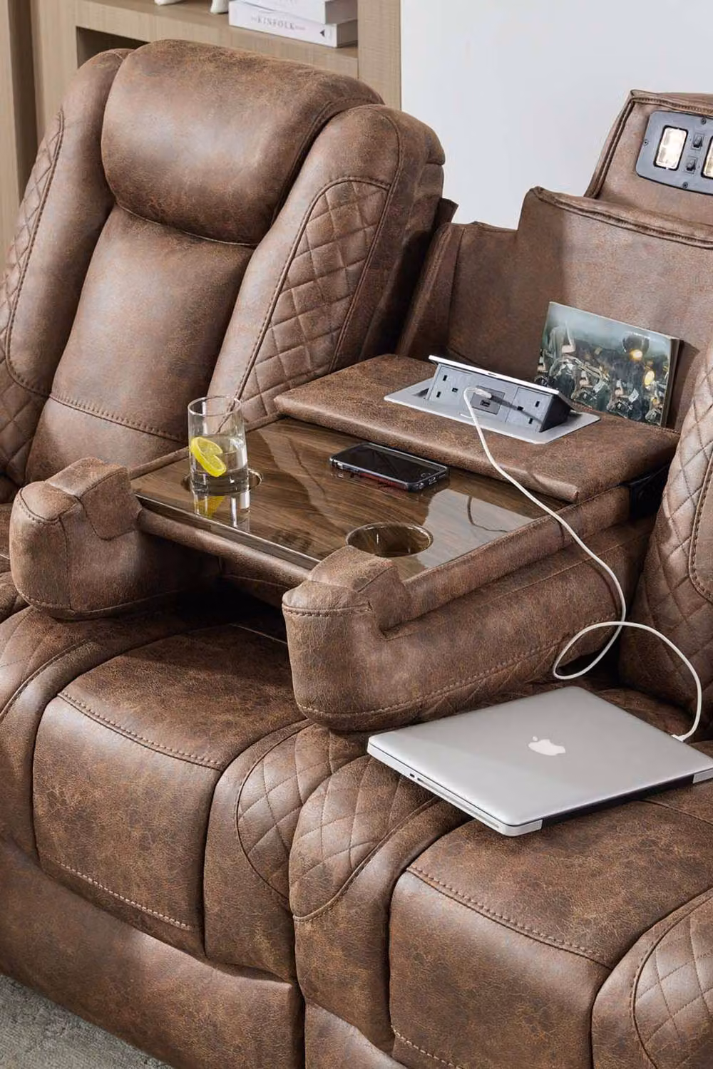 More4Homes Ashton 3 Seater Electric Recliner Sofa in Brown Fabric with USB Charging, Cup Holders and LED Lighting – 3