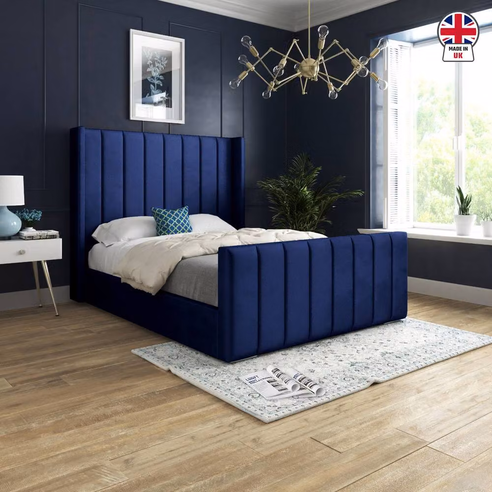 KDMD Sturminster Winged Upholstered Designer Bed Frame in Blue Soft Velvet, W/D/H: 144 x 137 x 200 cm – 3