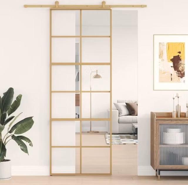 Berkfield Home Modern Sliding Door in Gold with Clear ESG Glass and Aluminium, W: 76 cm, H: 205 cm