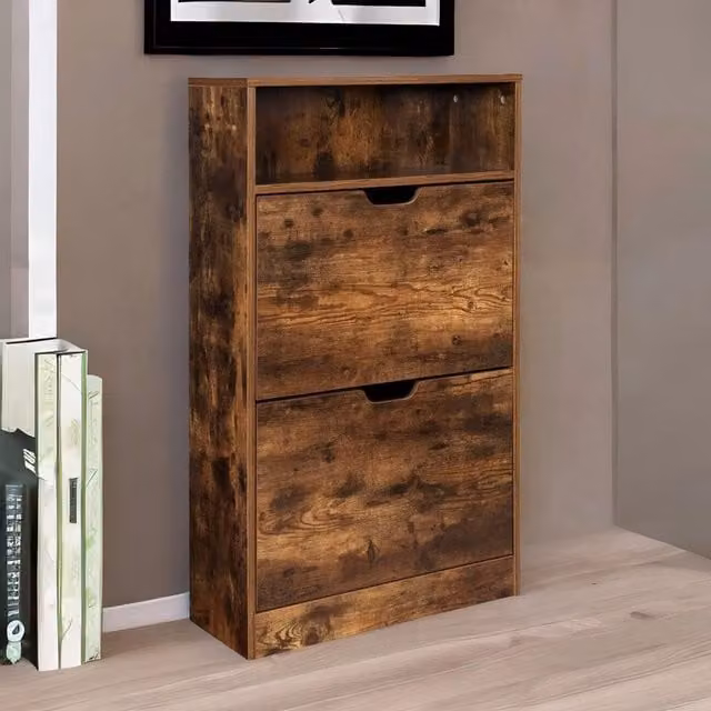 FURNOS Rustic Brown 2 Drawer Shoe Storage Cabinet with Tilting Compartments and Open Shelf, W/D/H: 60 x 24 x 102 cm – 1