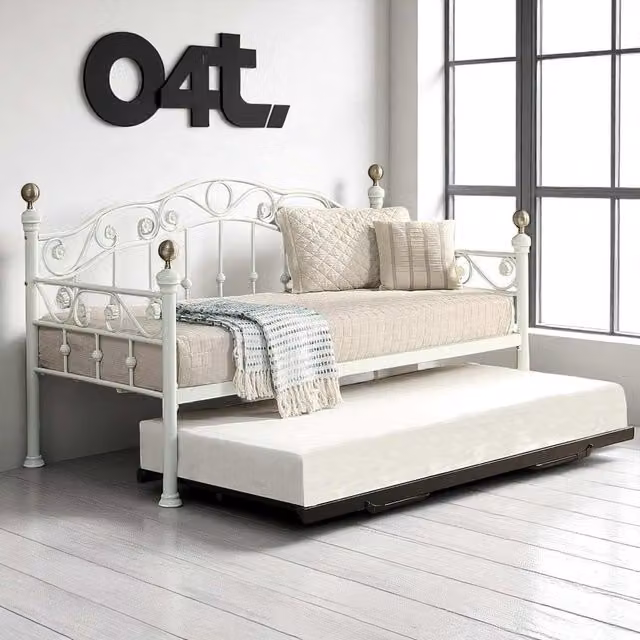 OAT Home Vintage Metal Single Day Bed with Guest Trundle in White