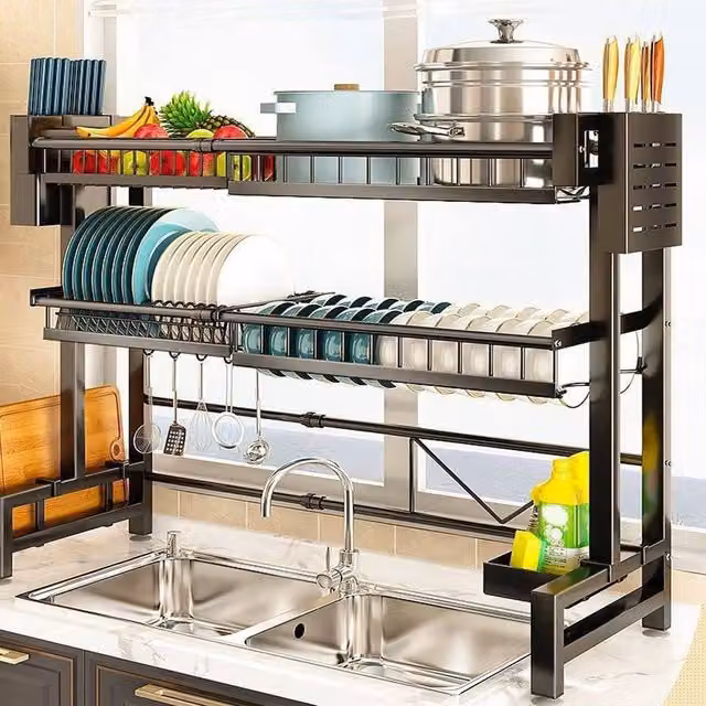 FORGEVIO 3 Tier Adjustable Over The Sink Dish Drying Rack in Black
