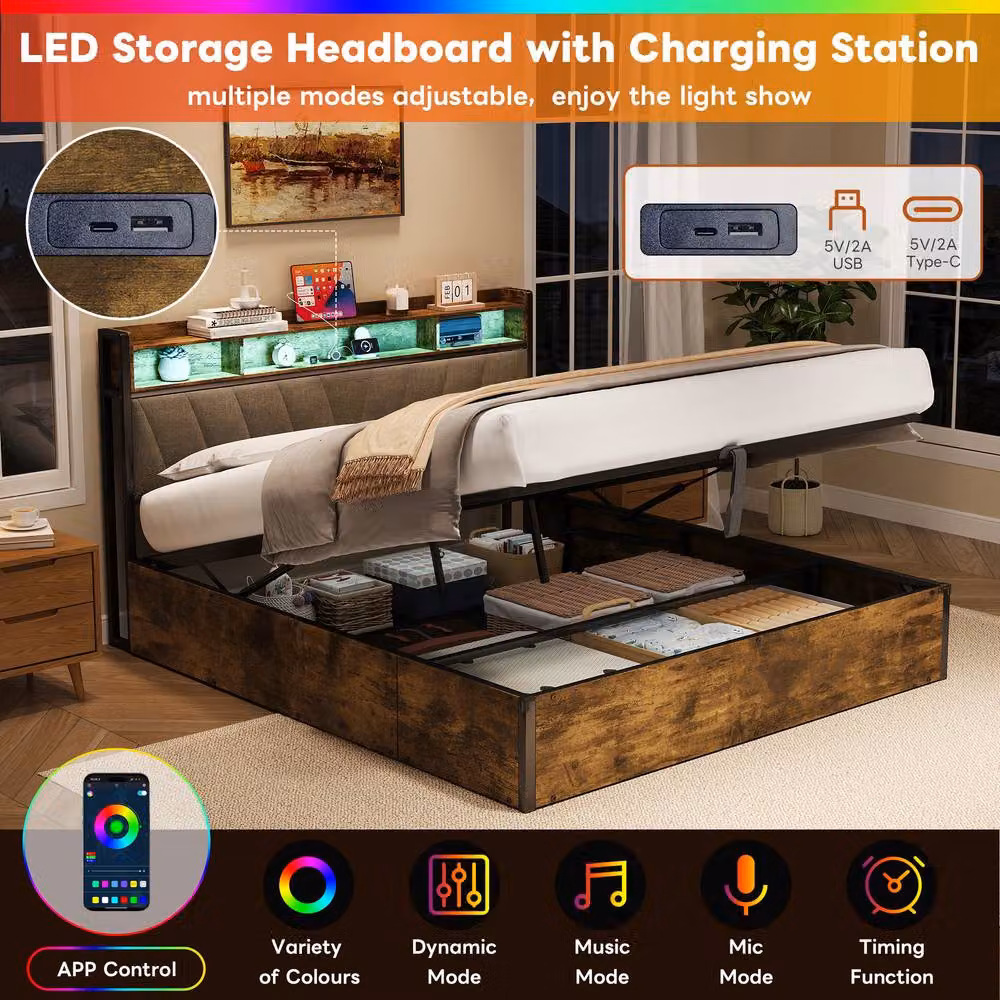 BTM Hydraulic Bed Frame with RGB Headboard and USB-C Charging Port in Dark Brown, King Size (180 x 200 cm) – 5