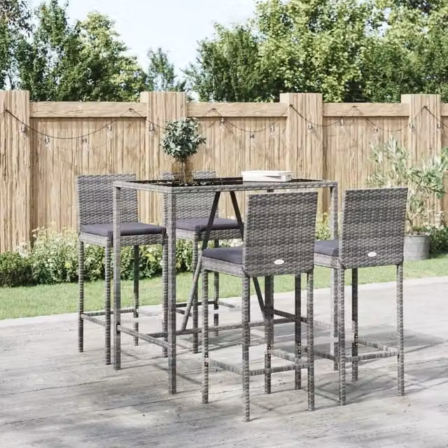 Berkfield Home 5 Piece Grey Poly Rattan Garden Bar Set with Cushions
