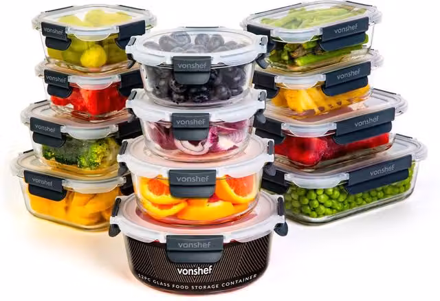 VonShef 12 Piece Glass Meal Prep Food Storage Containers with Airtight Snap Lids, Transparent – 1