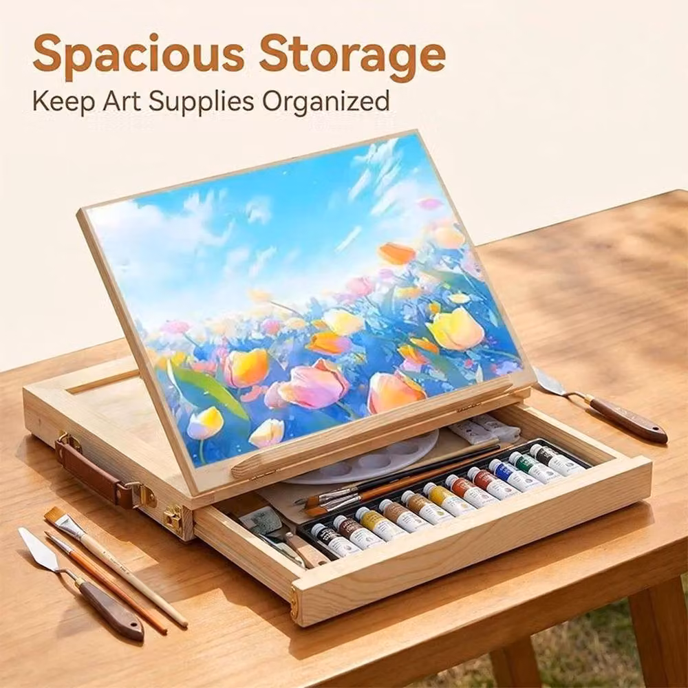 EONLION Wooden Table Easel Box with Storage, Brown, W: 50 cm x D: 50 cm x H: 50 cm – 2