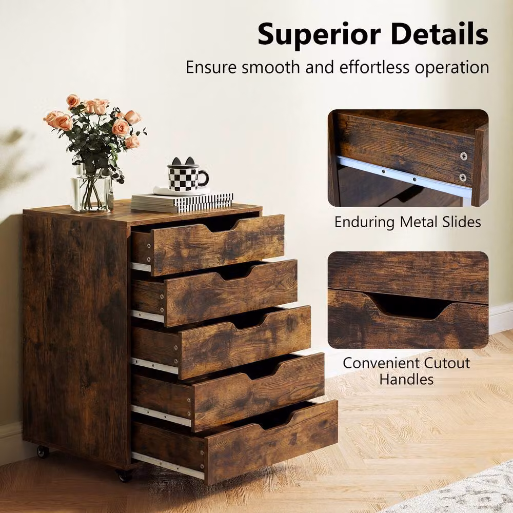Costway 5 Drawer Rolling Dresser Storage Cabinet with Lockable Wheels in Brown – 4