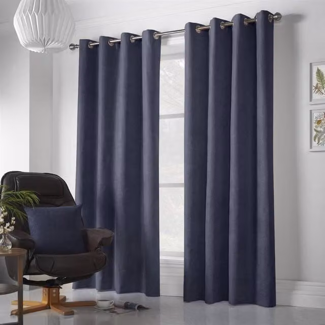 Livinluxury Navy Blue Velvet Chenille Eyelet Ring Top Curtains, Width: 137 cm
