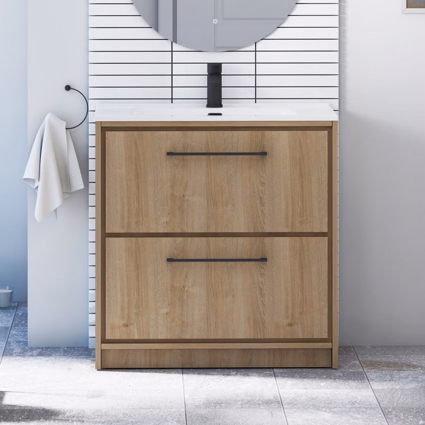 Royal Bathrooms Livora 800mm Natural Oak Floor Standing 2 Drawer Vanity Unit with Ceramic Basin and Matt Black Handle