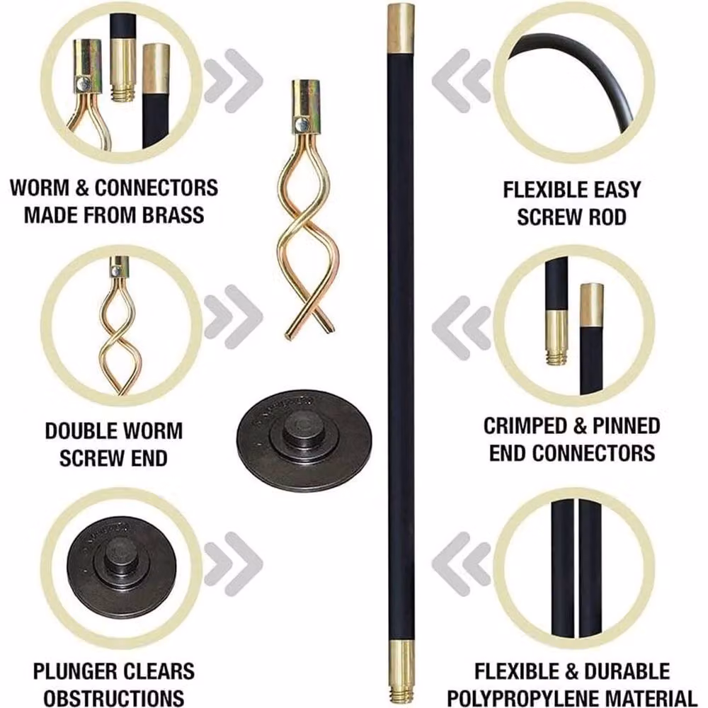 Ventryn 12 Piece Black Drain Rod Set with Brass Worm Screw Plunger – 3