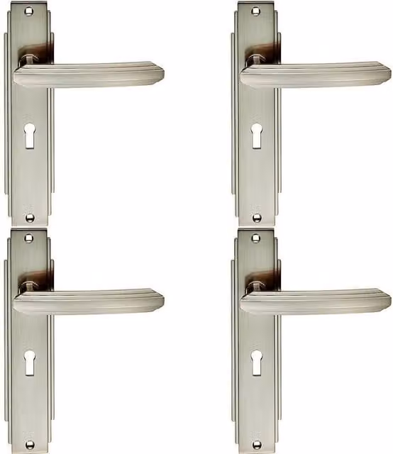 Loops 4 Pairs of Line Detailed Handle on Lock Backplate in Brushed Satin Nickel, W: 20.5 cm, H: 4.5 cm